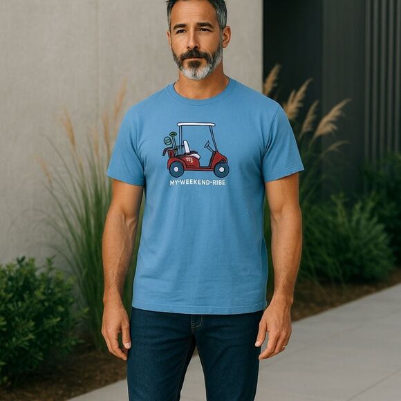 Life is Good NWT Men's M My Weekend Ride Golf T-Shirt Cool‎ Blue Crusher Tee - Picture 1 of 9